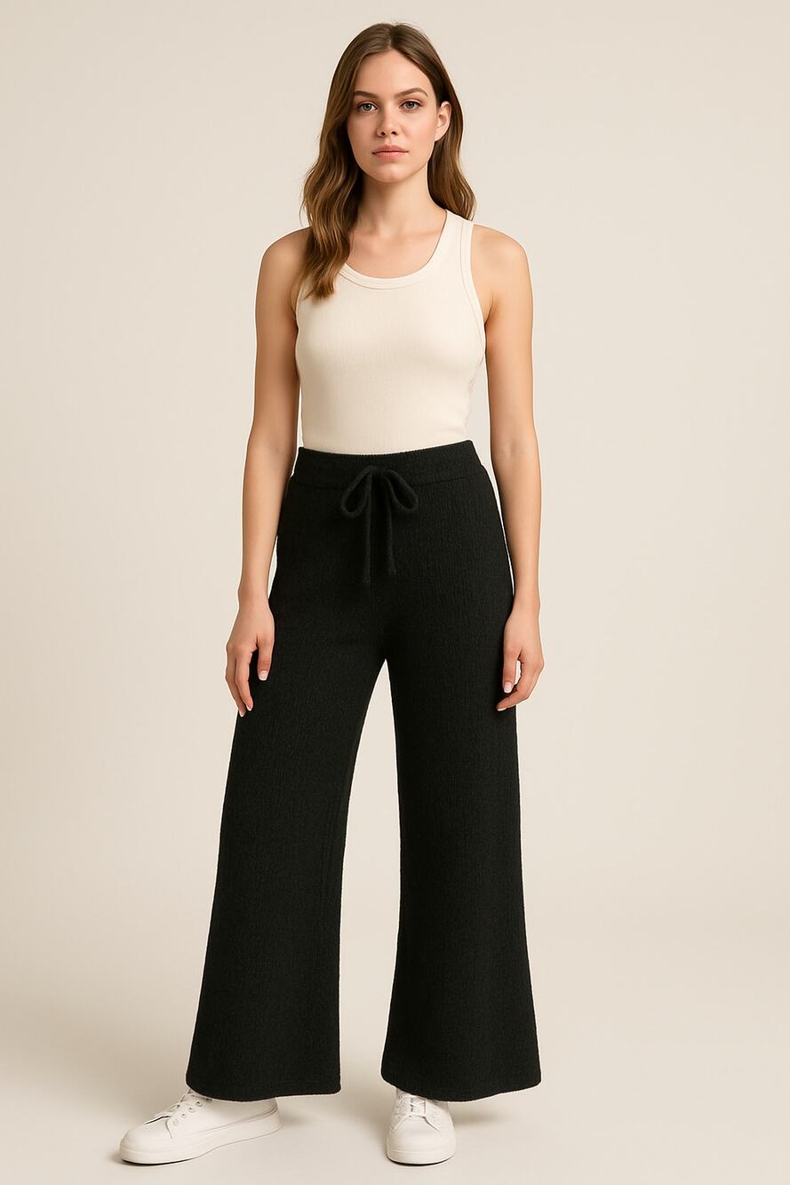 Molly Bracken Black Knit High Rise Wide Leg Pants Quiet Luxury Loungewear Hygge